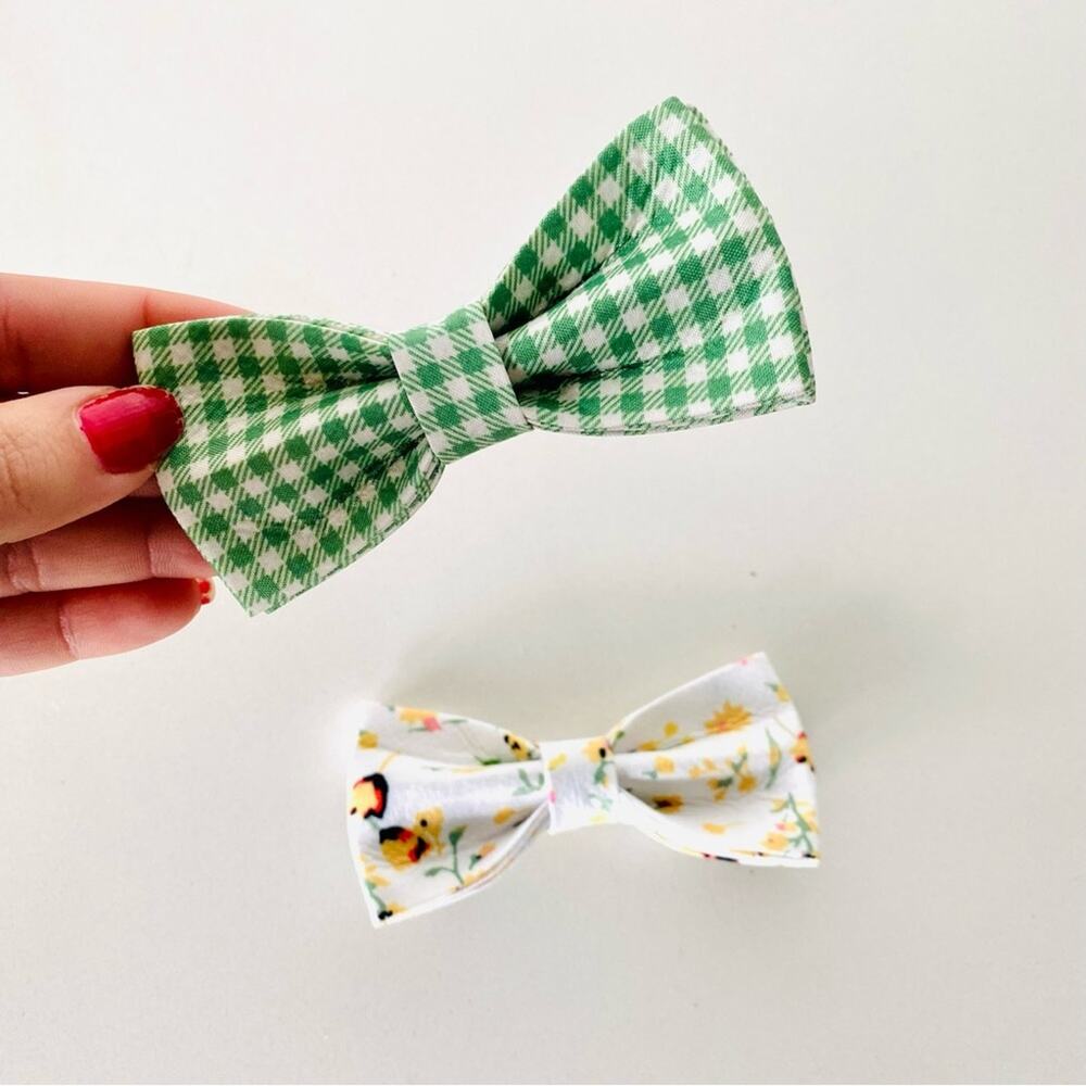 NEW HANDMADE Green White Plaid Yellow Floral Dog Cat Pet Collar Elastic Bow Tie